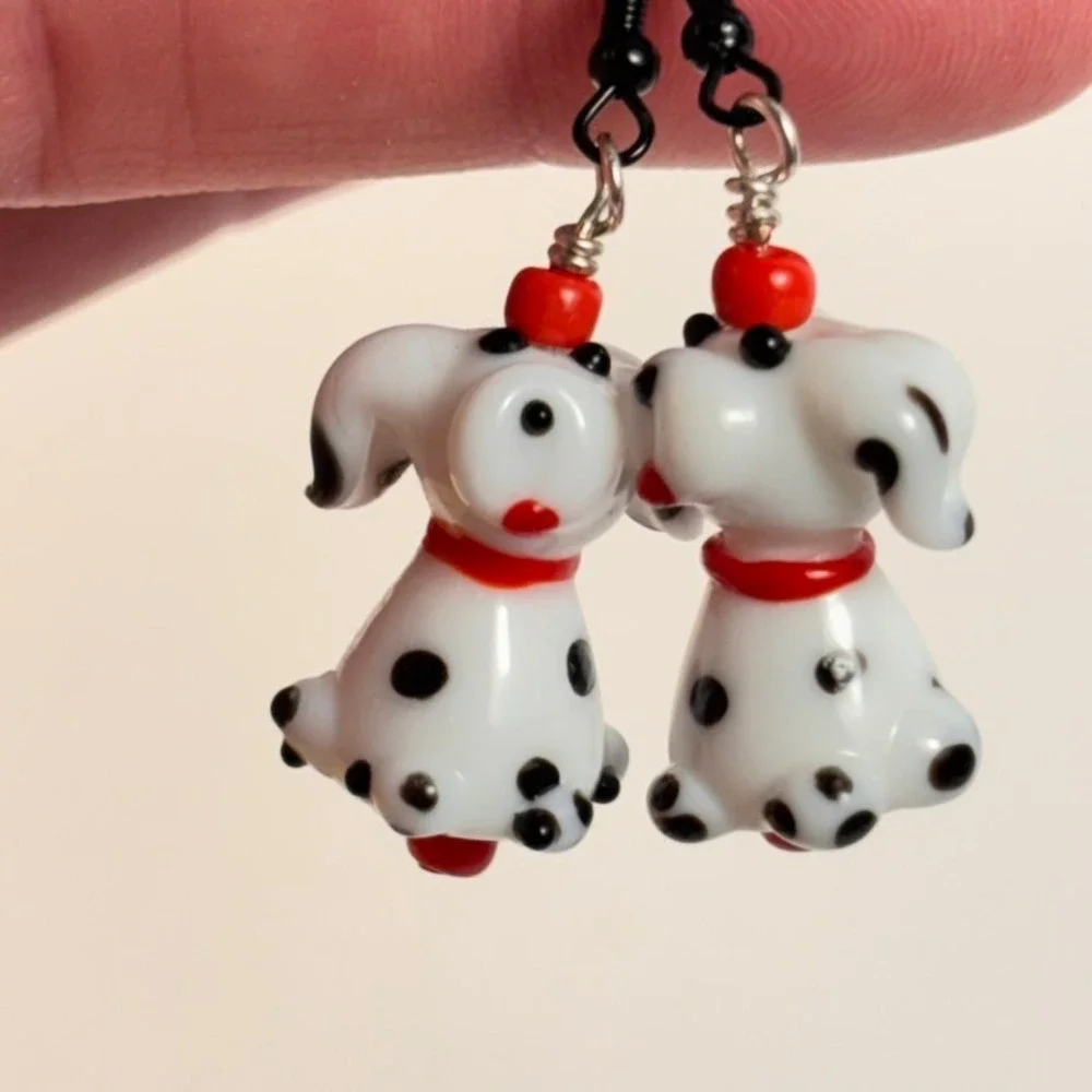 Handmade Dalmatian Dog Earrings White Art Glass Lampwork Whimsygoth Boho Chic
